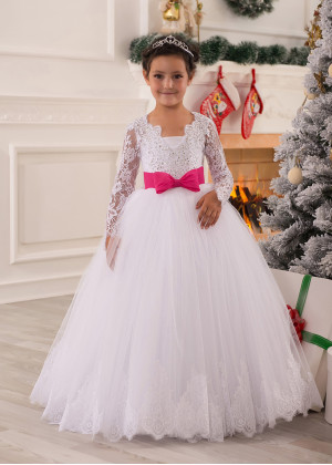 Beaded White Lace Tulle Scalloped Edges Flower Girl Dress